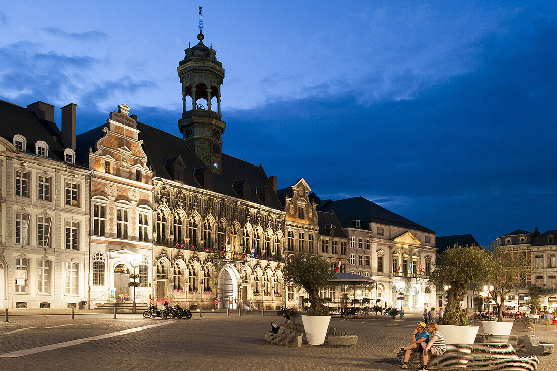 Grand Place square at dusk, guild hall, Mons, Hennegau, Wallonie, Belgium, Europe