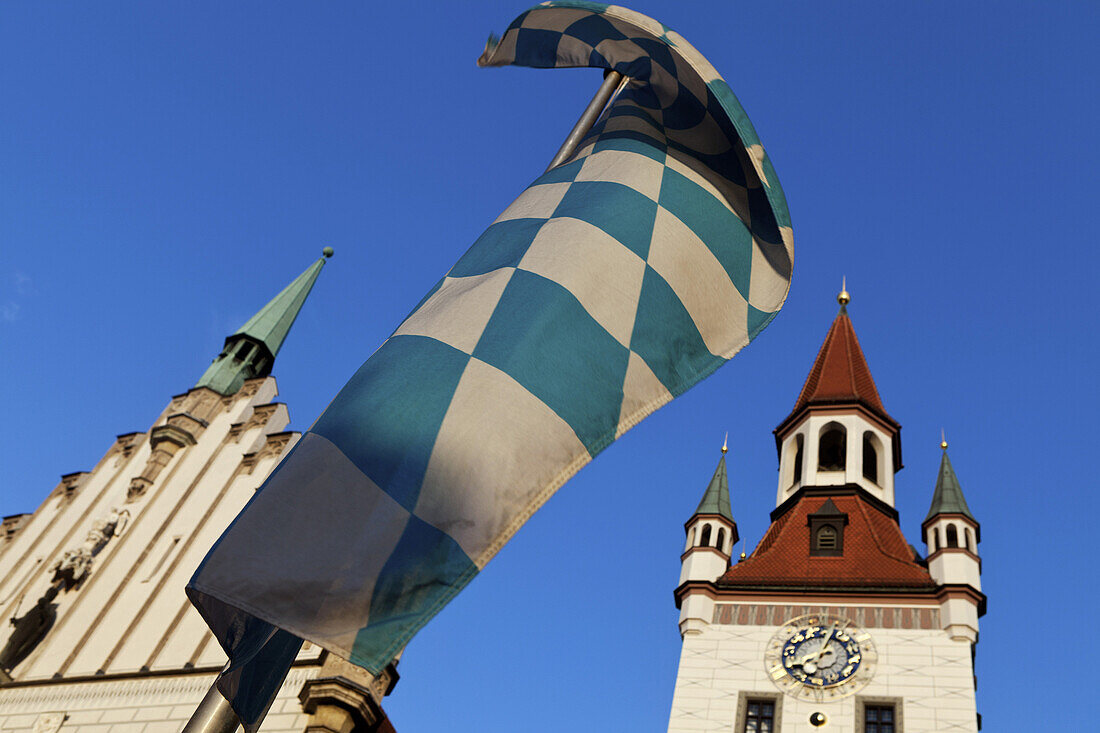 Altes Rathaus and Bavarian Flag, detail, Marienplatz, Munich, Bavaria, Germany