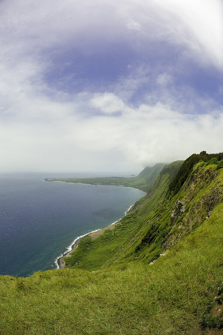 MOLOKAI, HI - A scenic view of the world's tallest sea cliffs above the Kalaupapa peninsula on Molokai, Hawaii.  Kalaupapa is home to a former leper colony attended by Father Damien and Mother Marianne Cope.  At its peak, about 1200 men, women and childre