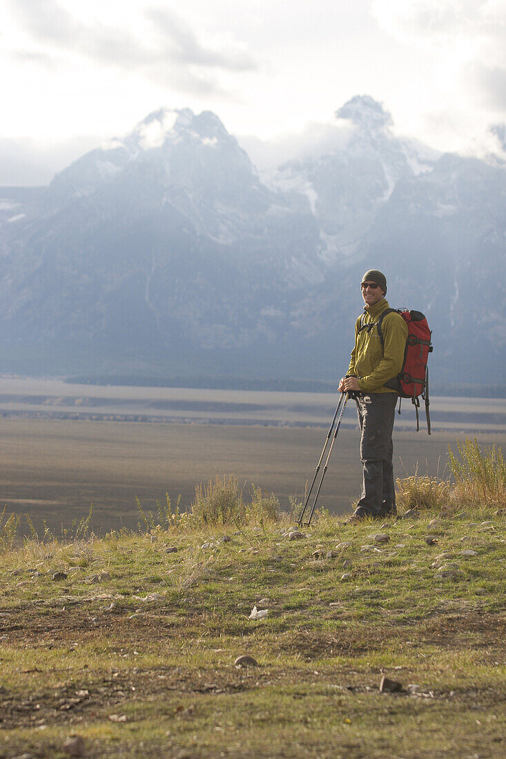 Man backpacking in Grand Teton National Park, Wyoming.