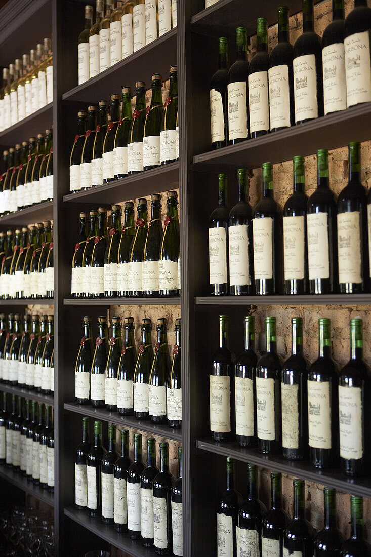Shelves lined with Tannat wine bottles at Narbona winery/restaurant in Carmelo, Uruguay.  releasecode: THS_0001