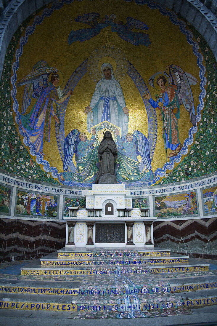 Altar in front of the Basilica of the Rosary at the site of the grotto where a farm girl saw a vision of the Virgin Mary, Lourdes, France. This spot is one of the top pilgrimage destinations in the world for Christian faiths.