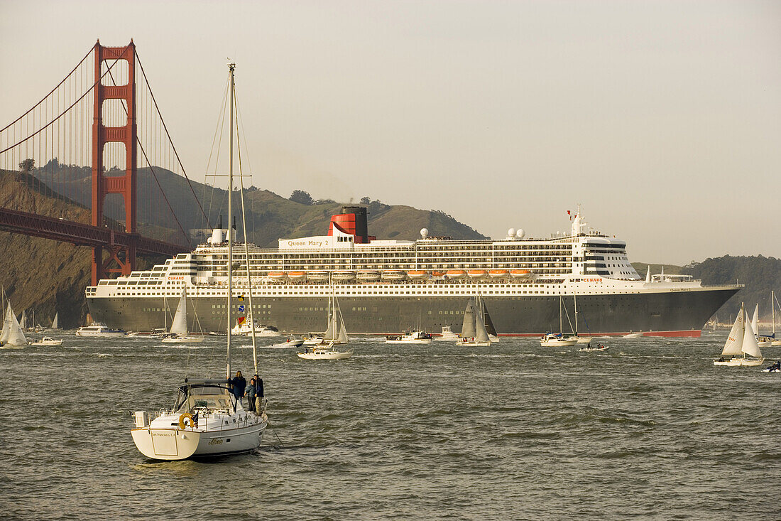 The Cunard Lines Queen Mary 2 arrives in San Francisco Bay, February 4, 2007, for the first time. The ship, which displaces 151,000 tons and is 1,131 feet long, is the largest vessel ever to sail into San Francisco Bay.