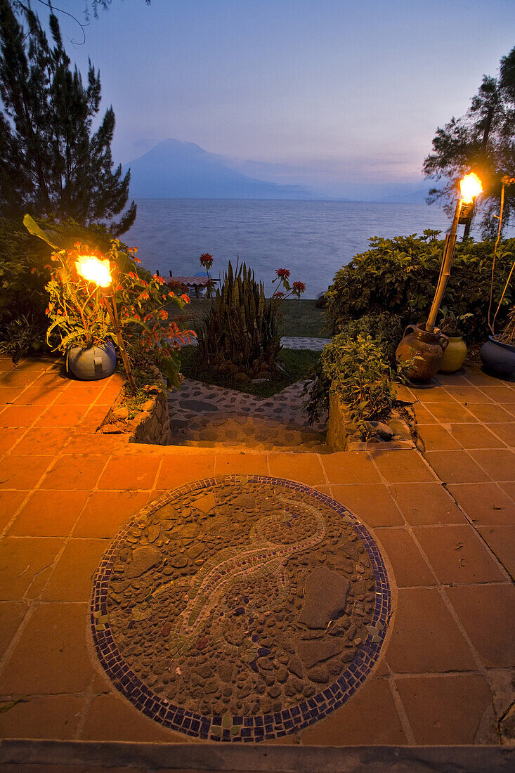 view from the Iguana Perdida hotel in the town of Santa Cruz, Lake Atitlan, Guatemala