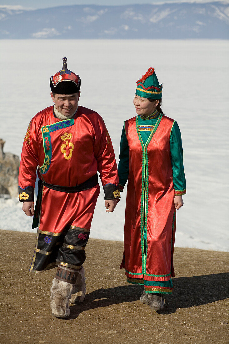OLKHON ISLAND, SIBERIA, RUSSIA- MARCH 13, 2007: A local Buryat couple who were just married in a traditional ceremony on Olkhon Island, Siberia, Russia on March 13, 2007. Photo by Oliver Renck/Aurora