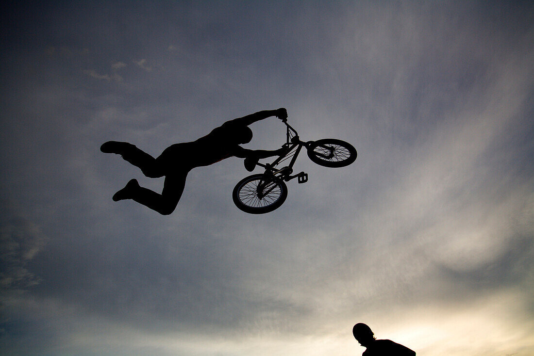 A BMX biker flying through the air in Las Vegas, Nevada.