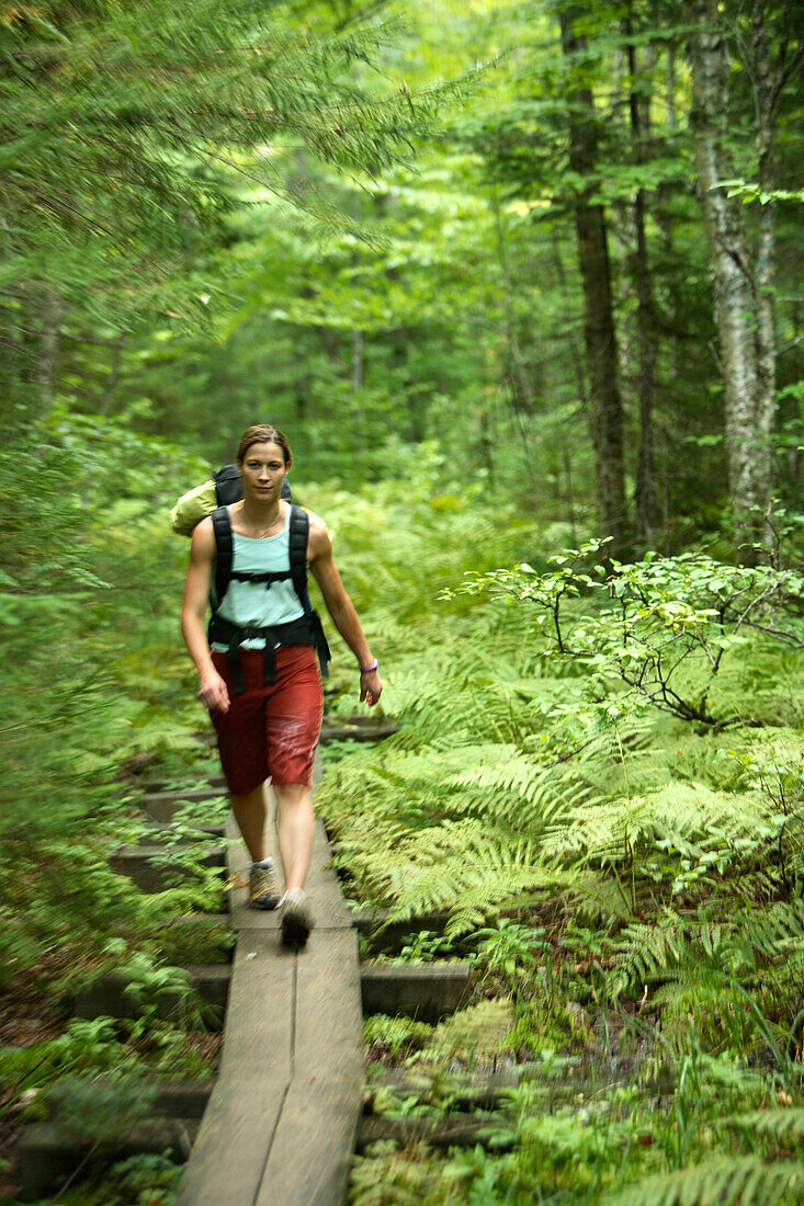 Zoom blur image of Claudine Safar hiking along a wooden boardwalk on the approach hike in to the Wild River crags near Gilead, ME