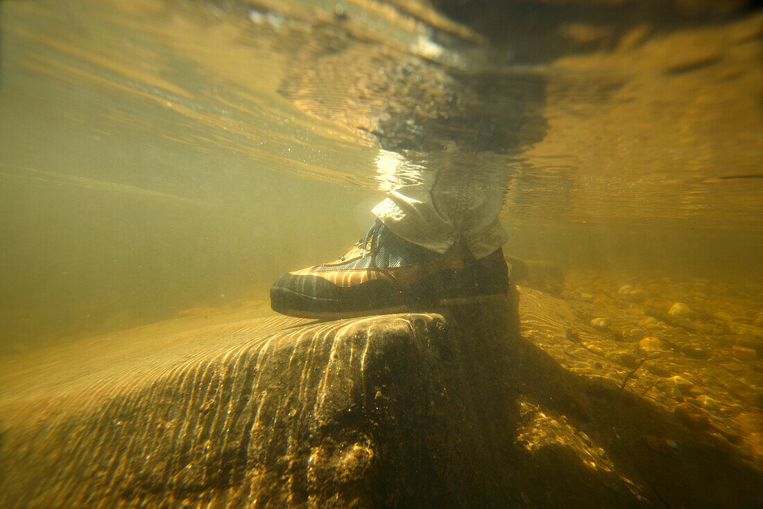 Underwater image of Clay Sykes's feet as he stalks rainbow trout along the rhododendron flanked Davidson River in the Pisgah National Forest near Brevard, NC