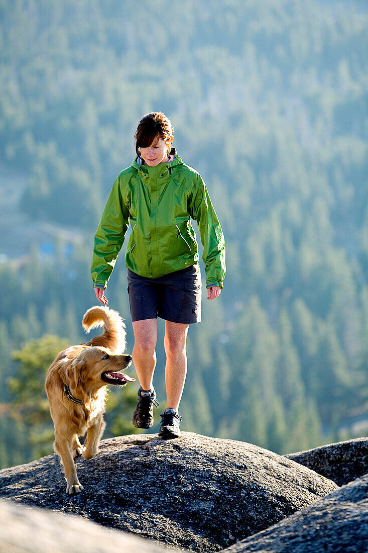 Rosie Hackett hiking with her dog high in the mountains in South Lake Tahoe, California.