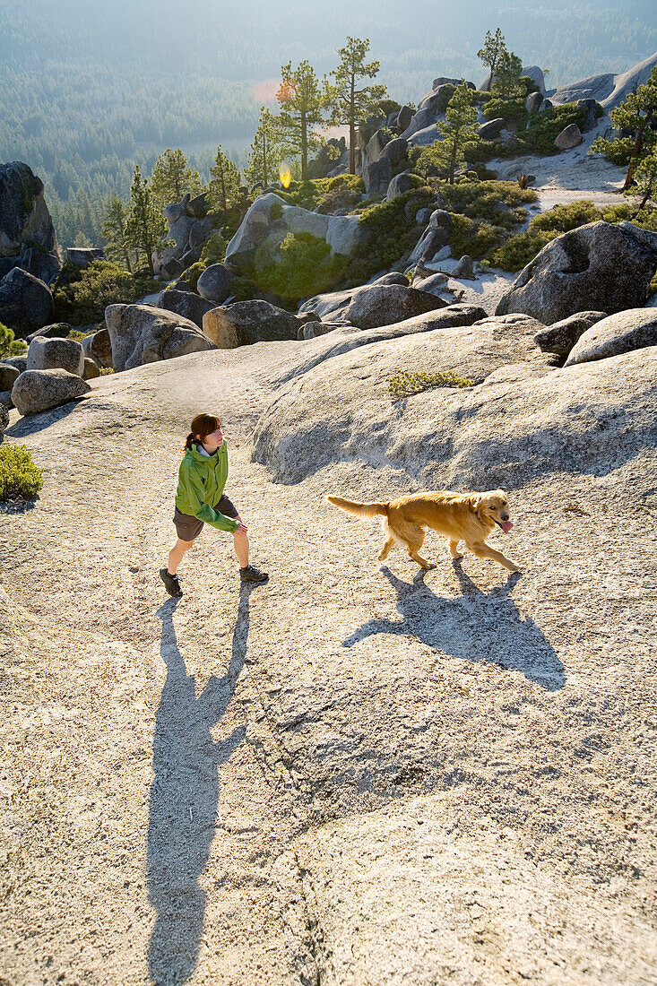 Rosie Hackett hiking with her dog high in the mountains in South Lake Tahoe, California.