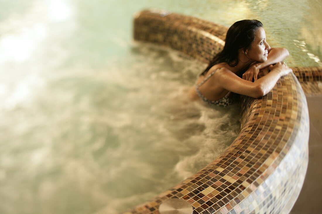 The indoor swimming pool at Vinotherapie Spa at Relais San Maurizio in the Asti Zone, in Santo Stefano Belbo, Piedmont, Italy.  model release code: Bruso_Paola.jpg and property release code: Relais_San_Maurizio_PropertyRelease.jpg