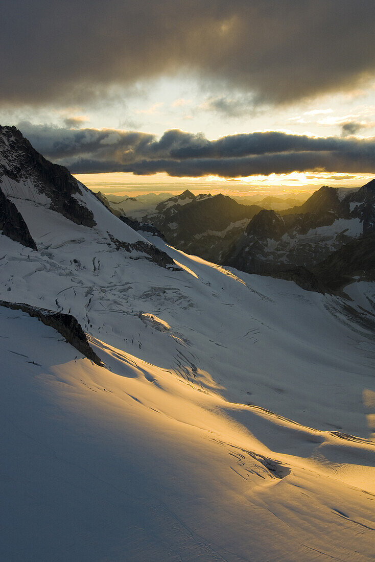 Selkirk Mountains and glaciers at sunset, Bugaboo Provincial Park, British Columbia, Canada.