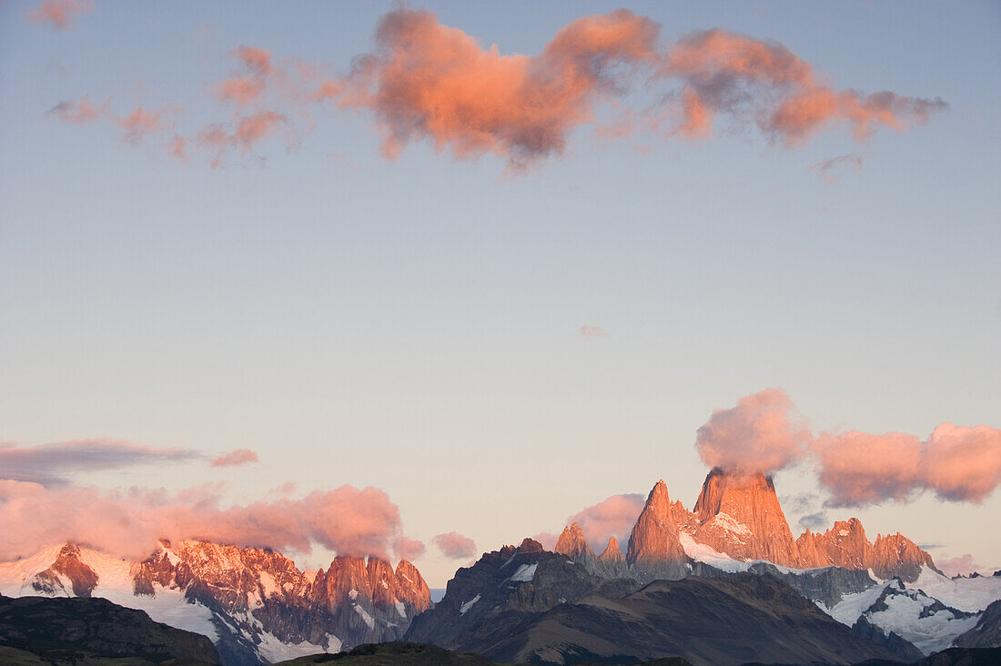 Clouds drifting over Mt. Fitzroy at sunrise on February 26, 2008 in Los Glaciares National Park, Chalten, Argentina.