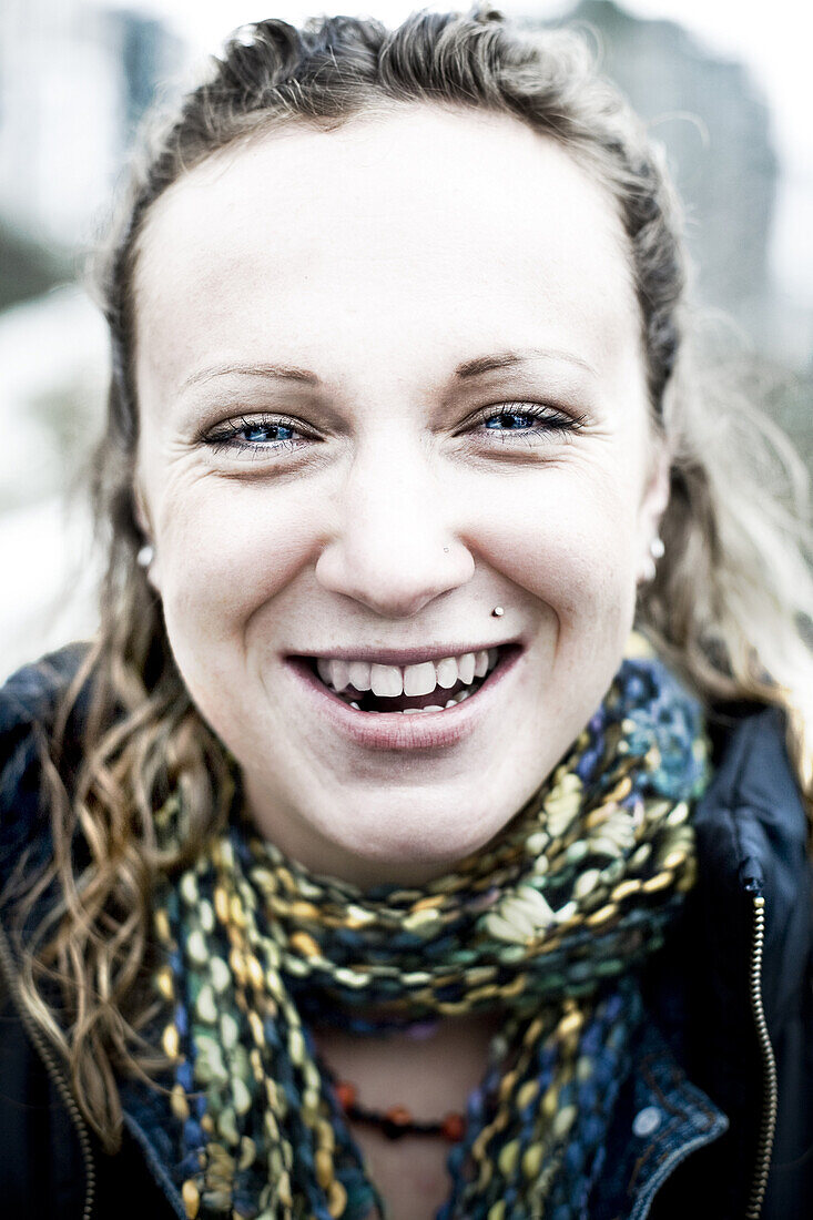 Portrait of a woman smiling in Seattle, Washington. releasecode: km_8507