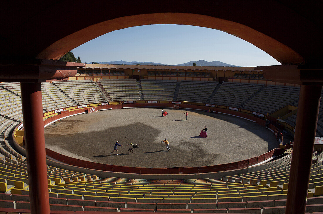 Bullfighters and amateurs practice in the bull ring of Apizaco, Tlaxcala, Mexico, October 1, 2008.
