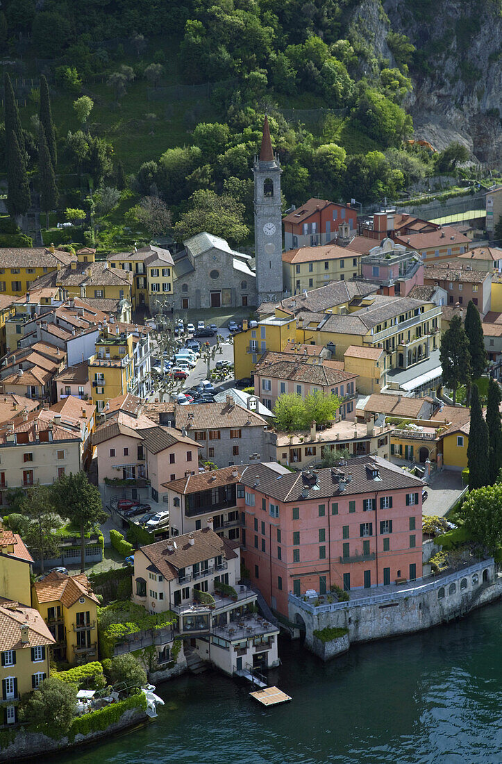 Aerial view of the picturesque village of Varenna on Lake Como, Italy.