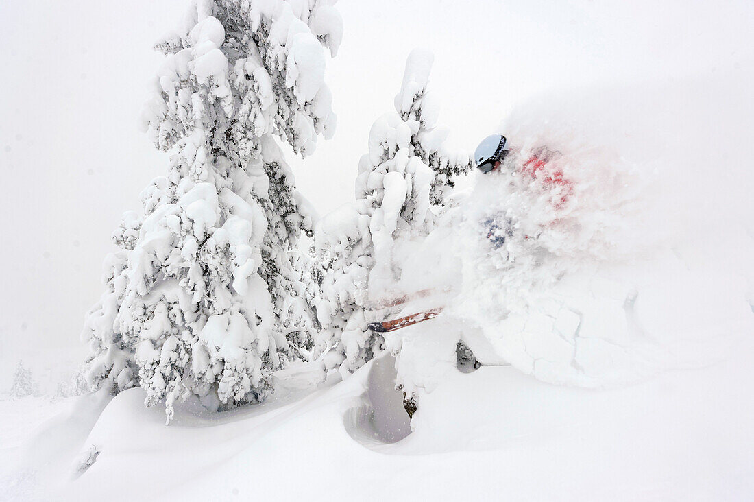 Skifahrer skiing through the deeply snowed in forest, Kaltenbach, Zillertal, Austria