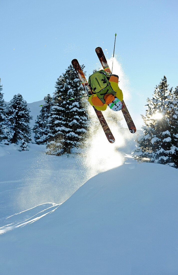 Skier doing a front flip, Kaltenbach, Zillertal, Austria