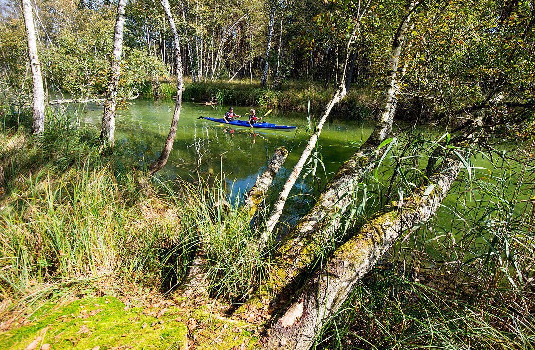Exploring the river Wuerm in a Tandem kayak, near Munich, Bavaria, Germany