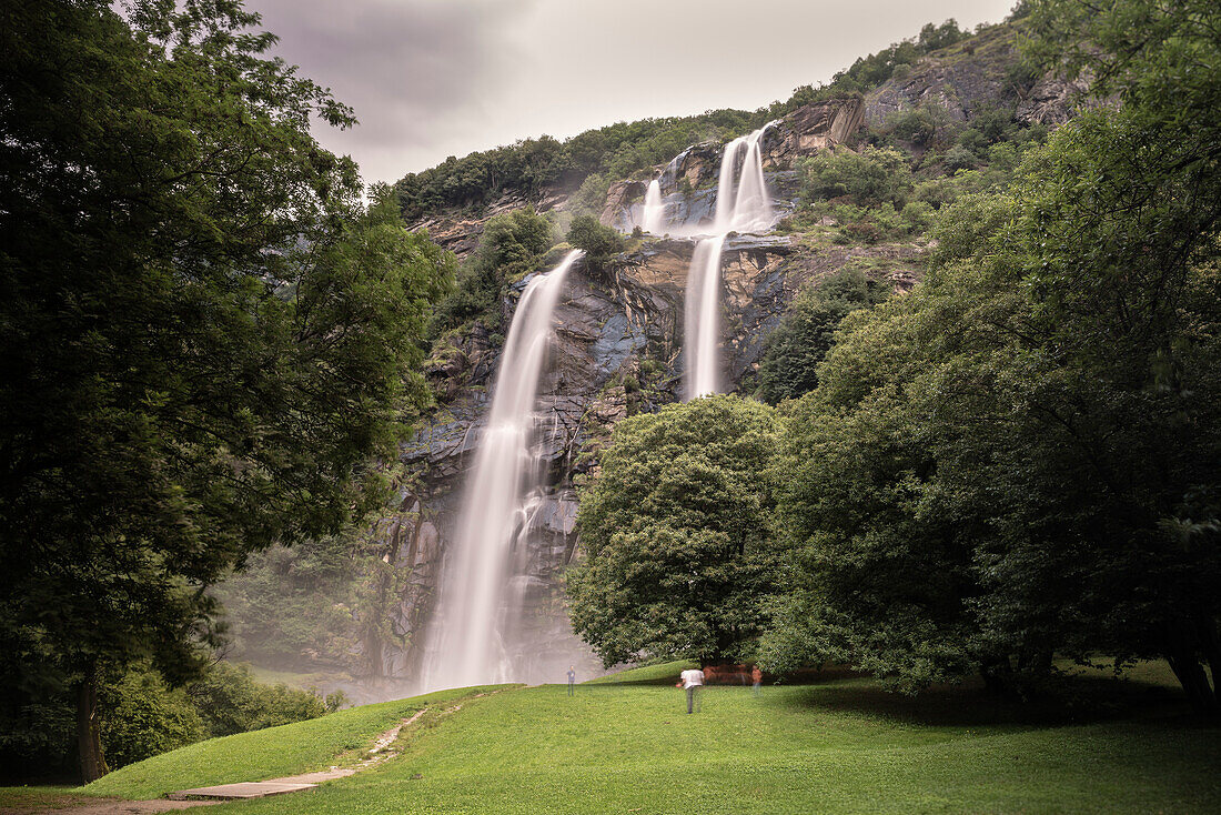 The two cascades of waterfall Cascata dell' acquafraggia, Lake Como, Lombardy, Italy