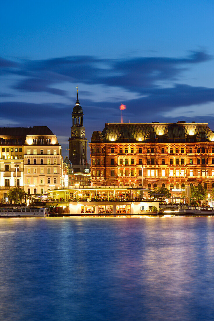 Binnenalster at night with illuminated church St. Michaelis, Binnenalster, Hamburg, Germany