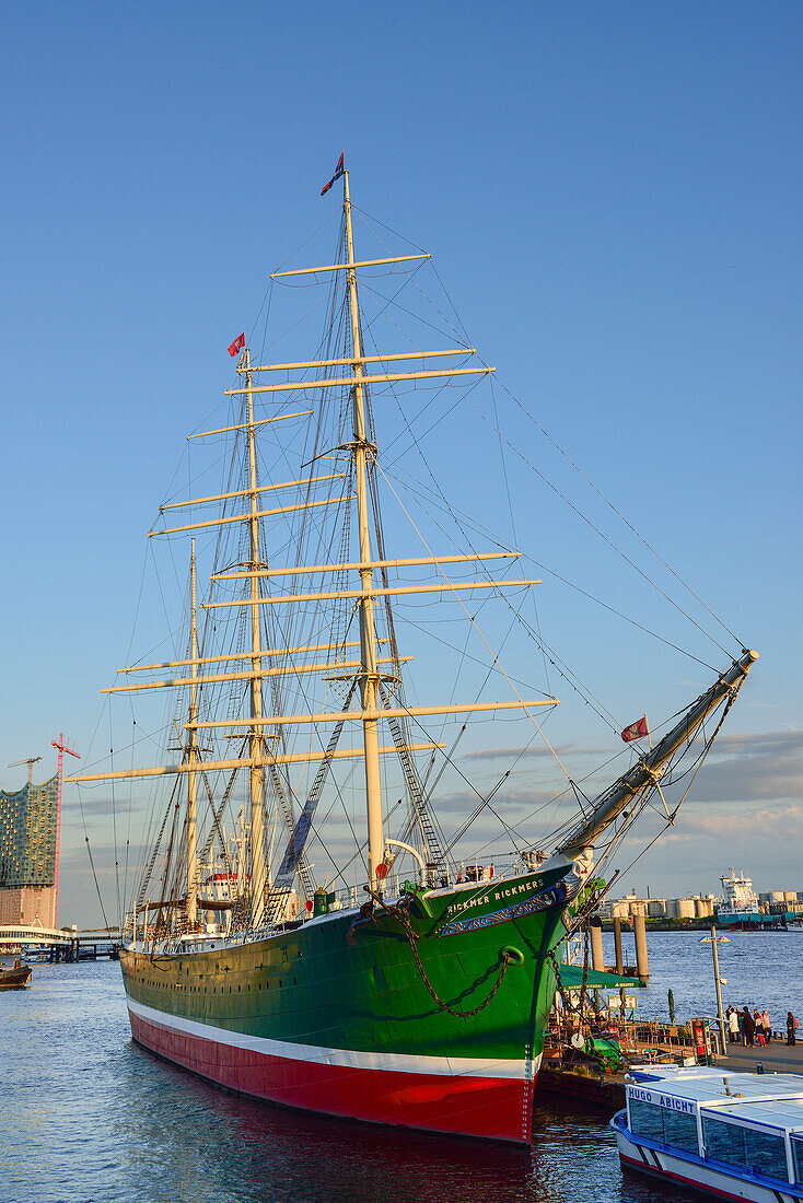 River Elbe with museum ship Rickmer Rickmers, Landungsbruecken, Hamburg, Germany