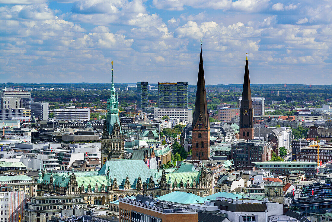 View to Hamburg with city hall and churches St. Jacobi and St. Petri from Michel, church St. Michaelis, Hamburg, Germany