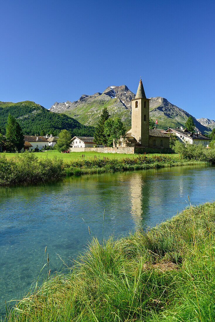 View over Inn river to church of Sils-Baselgia, Sils, Upper Engadin, Engadin, Canton of Graubuenden, Switzerland