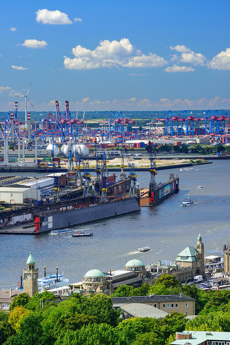 View to Hamburg with St. Pauli-Landungsbruecken with Pegelturm, river Elbe and container terminal in the background from Michel, church St. Michaelis, Hamburg, Germany