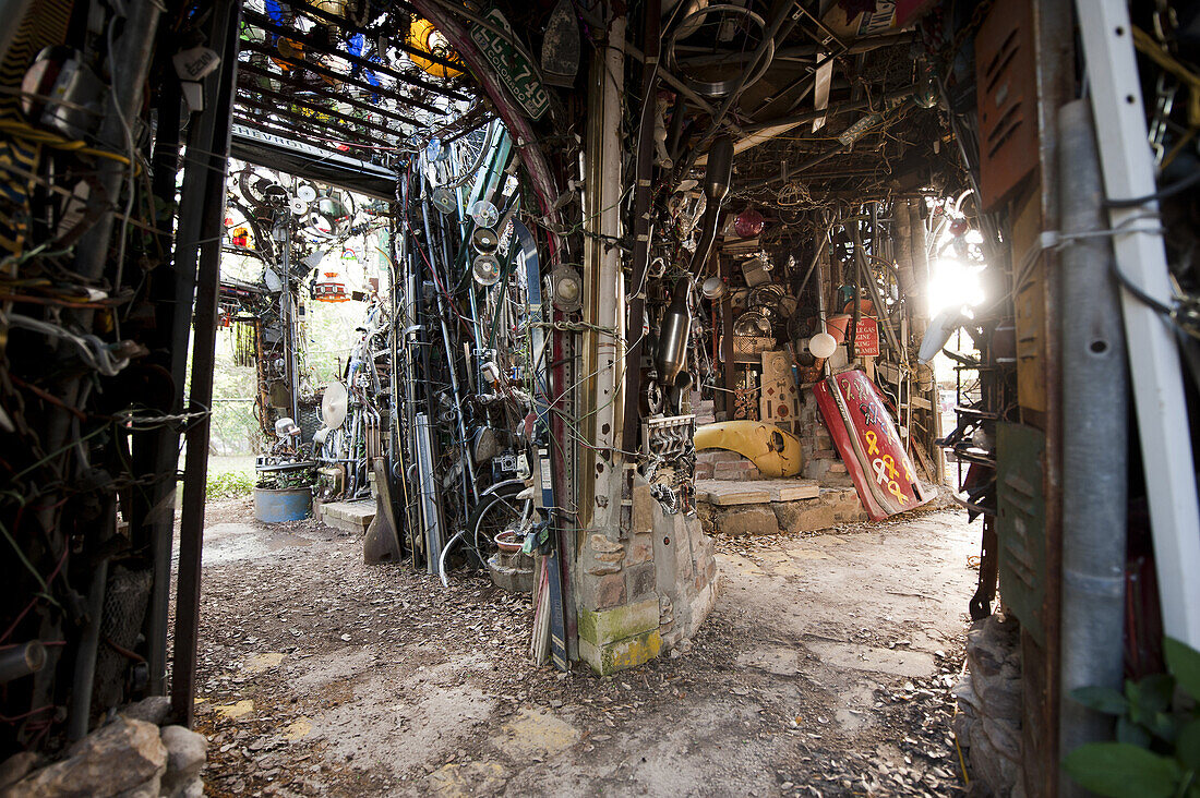 An interior cavern at the Cathedral of Junk. Because people can enter the structure, the City of Austin considers it a building.