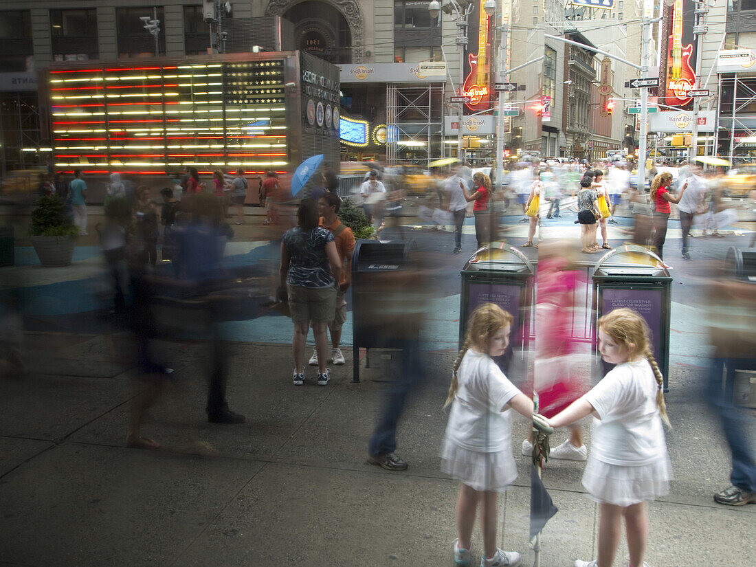Reflections in marble in Times Square in New York, New York, USA