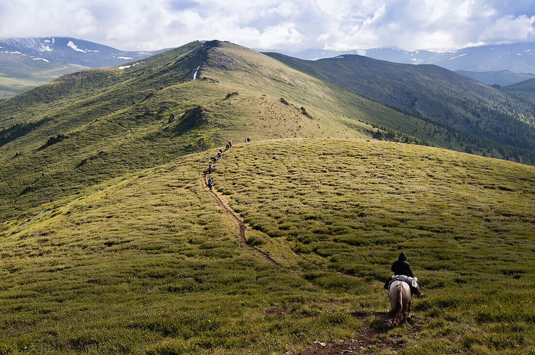 Horse trekking across the high open steppe on the approach to Mt. Belukha and the high peaks of the Altai Range in Russia.  Mt. Belukha is Siberia's highest mountain.