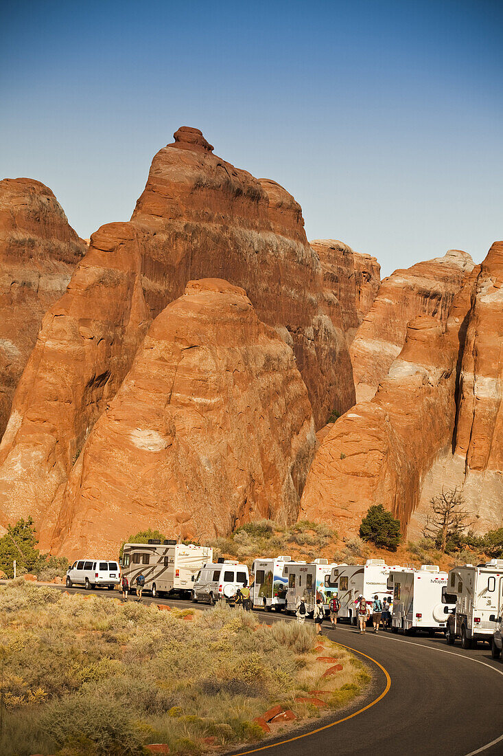 Moab, UT - SEPTEMBER 19th 2009:  Crowded motor home campers on vacation in Arches National Park