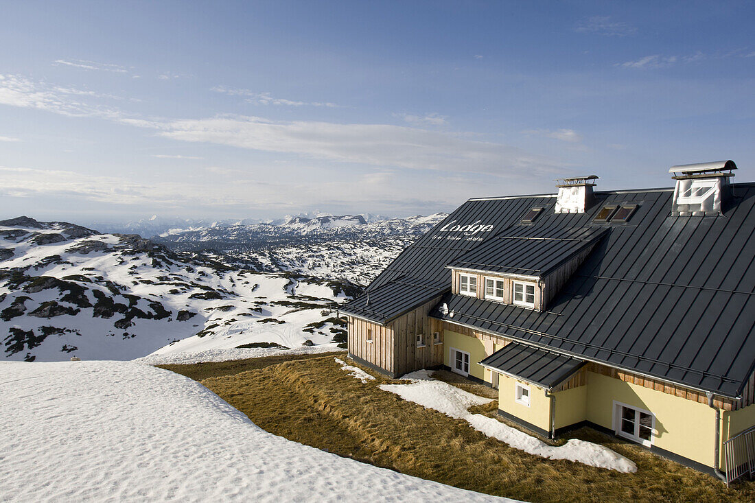 The Krippenstein Lodge in the Austrian Alps, Austria. Overlooking the mountainous landscape of Austria's Alps, the lodge is a perfect place to enjoy an aprÃ¨s ski or hike.