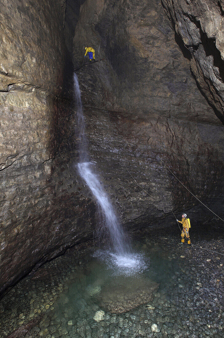 One of the many pitches in the classic famous cave in France called The Gouffre Berger high in the Vercors region.