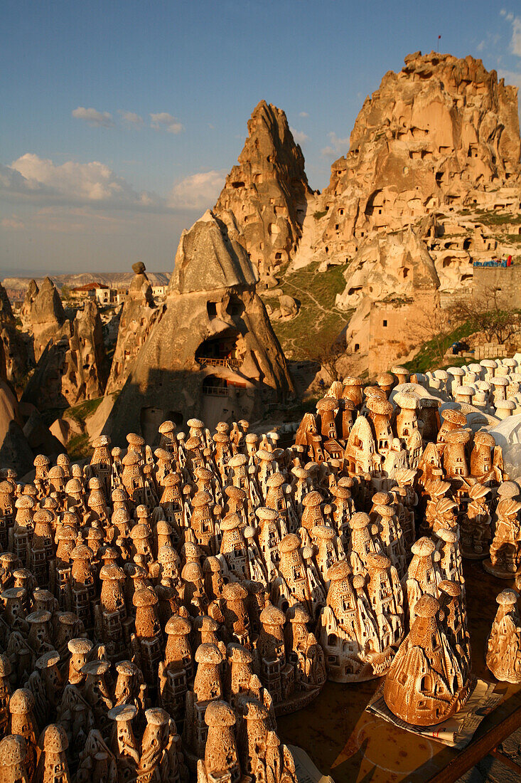 Town of Uchisar- Rock formations known as the Fairy Chimneys in the Cappadocia Region of Turkey.