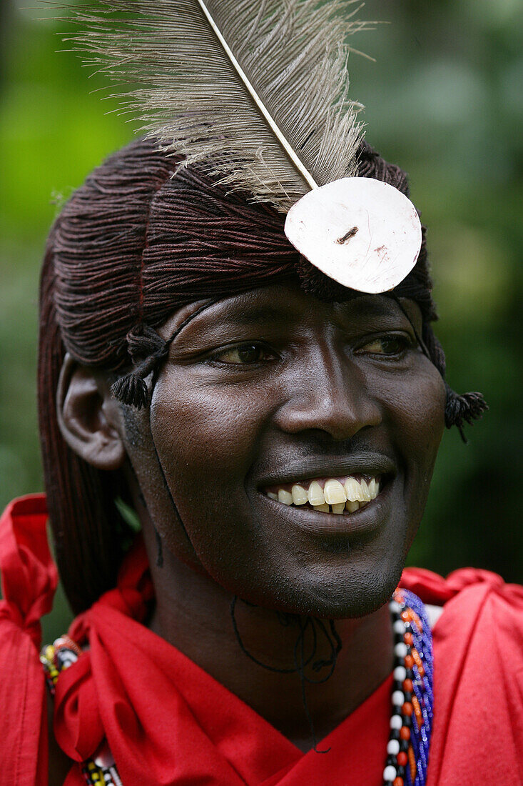 Masaai tribesman wearing a headdress.