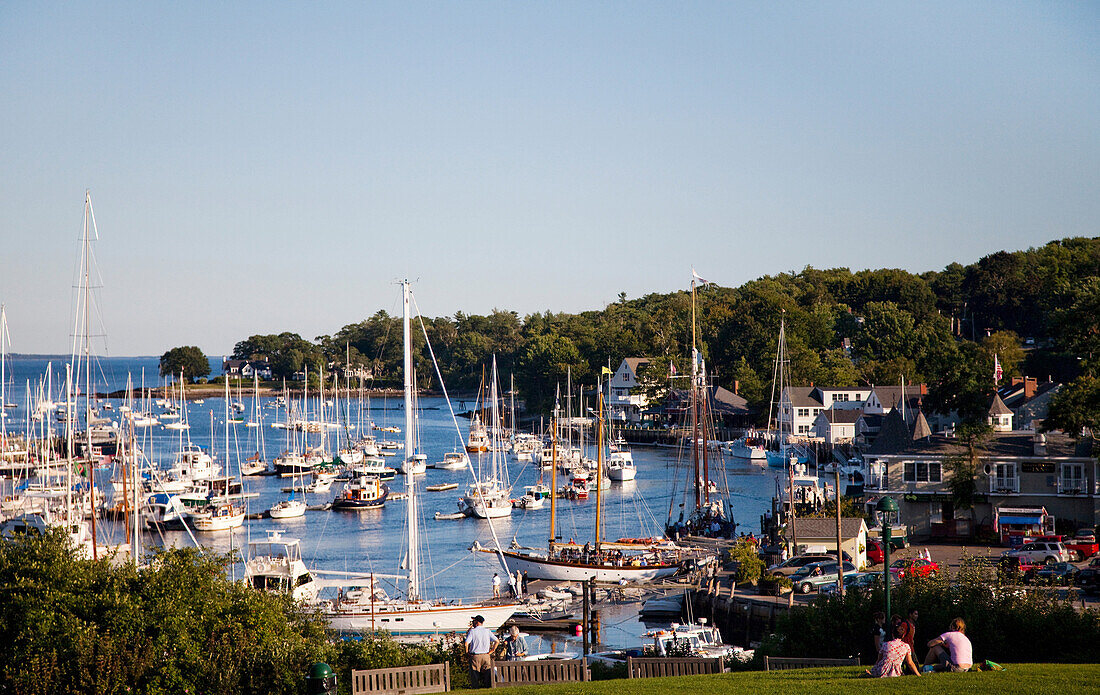 CAMDEN, MAINE, USA. A couple sits on a grassy hilltop overlooking the harbor below.