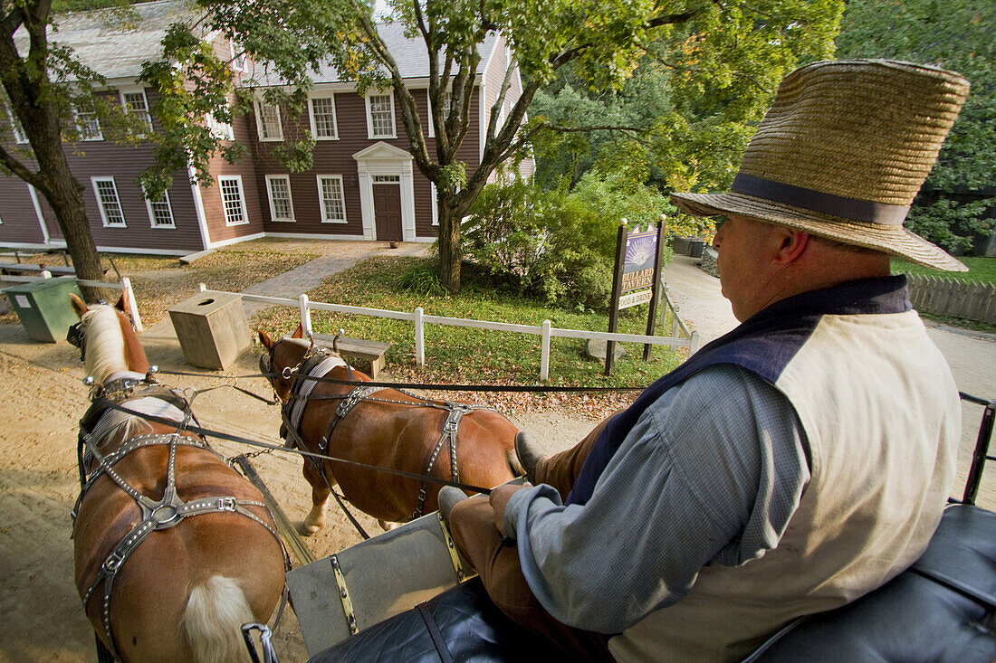 A living museum recreating colonial life in New England, Old Sturbridge Village in Sturbridge, features an authentic stagecoach from the period which visitors can ride..