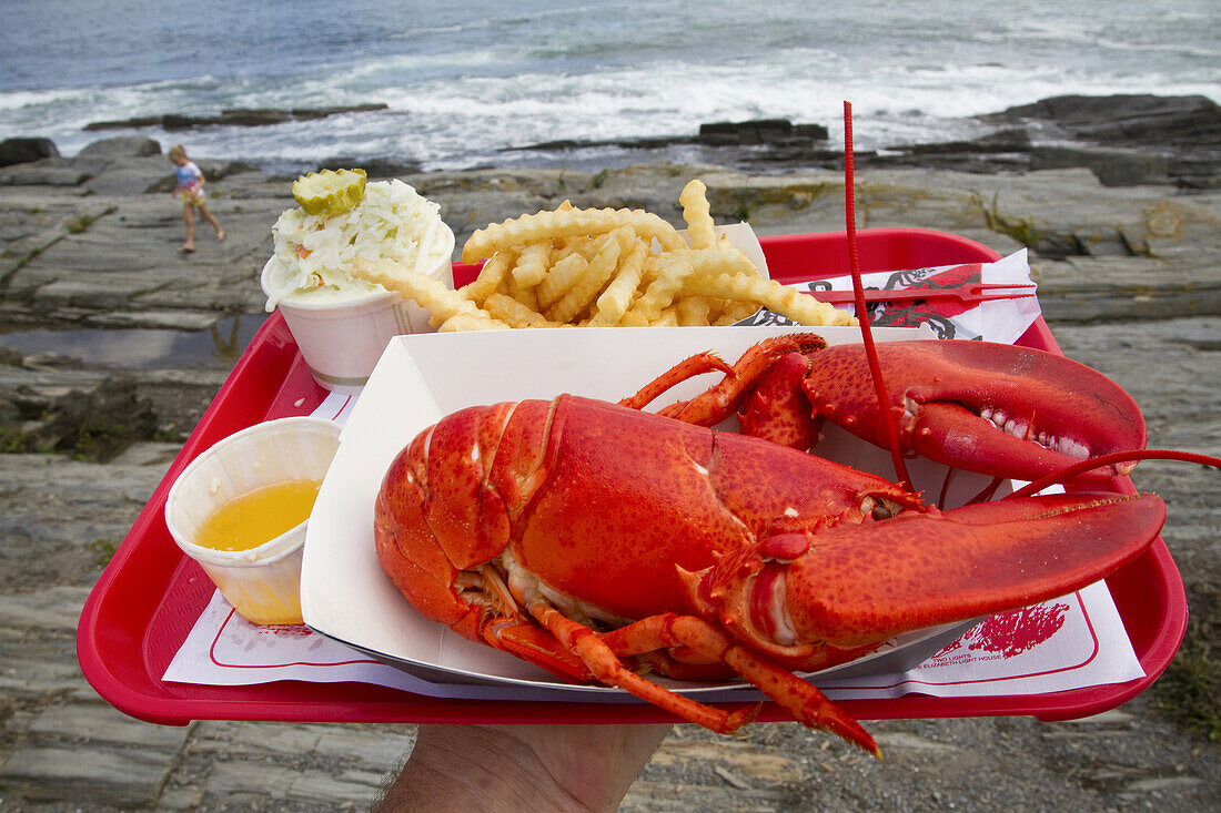 The Lobster Shack at Two Lights is a popular place to get lobster and other seafood dinners on the coast of Maine in Cape Elizabeth.