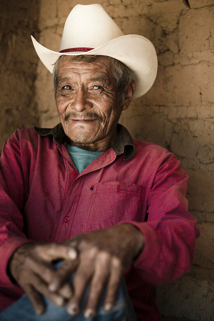 Portrait headshot, of the tarahumara runner Victoriano Churro at his house in Cerocahui,  Chihuahua,  Mexico. Victoriano was the fisrt tarahumara runner who conquered the Leadvile 100 Trail Run at age 53.