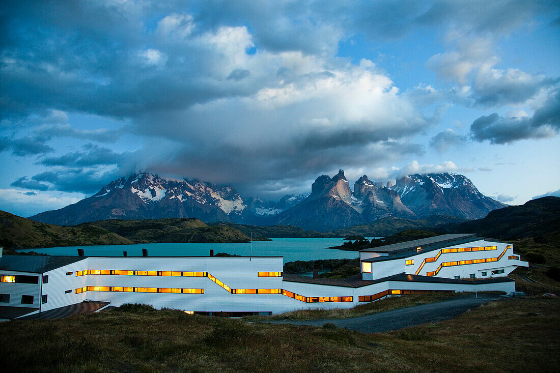 TORRES DEL PAINE NATIONAL PARK, PATAGONIA, CHILE. A hotel with an impressive view of mountains, lakes and glaciers in a wild and remote national park. The hotel is Explora.