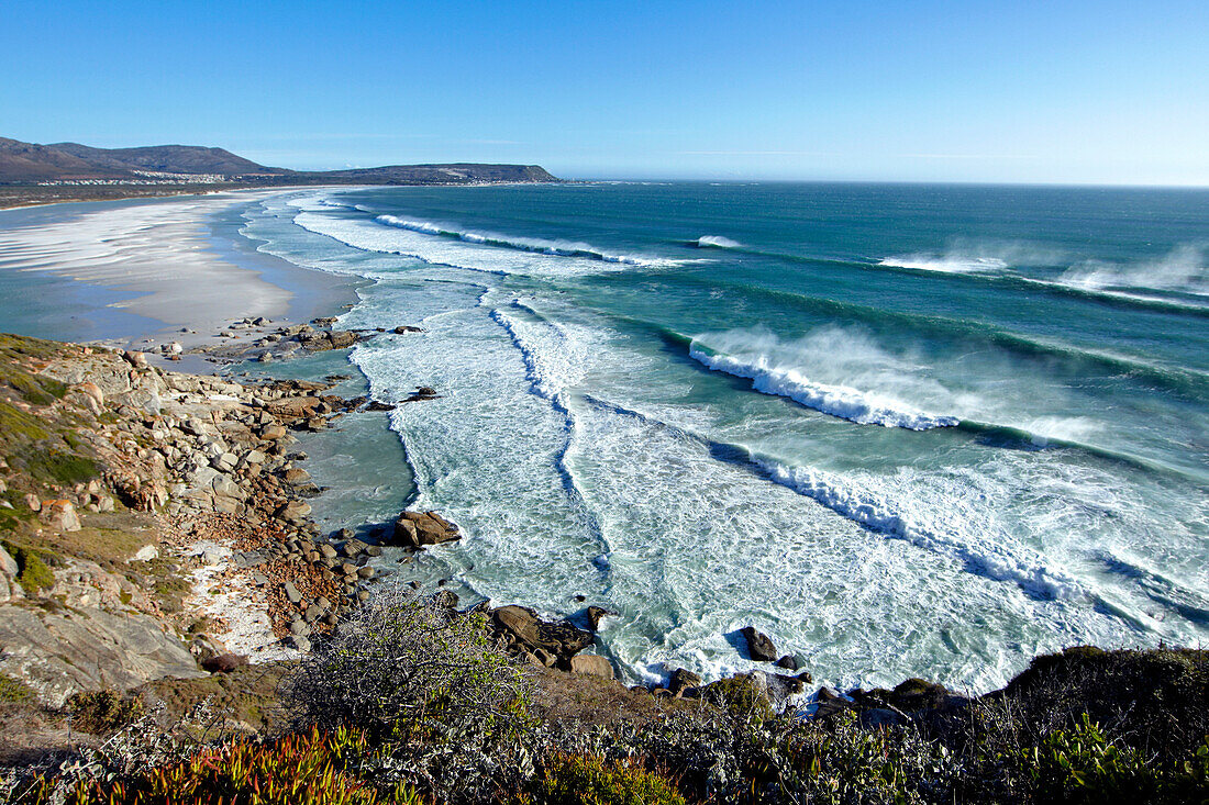 A view over Noordhoek Beach and bay on a very stormy day.