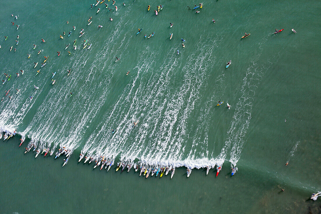 Battle Of the Paddle, Dana Point CA Aerial - Guinness World Record, attempting to break the existing record for the most surfers riding a single wave