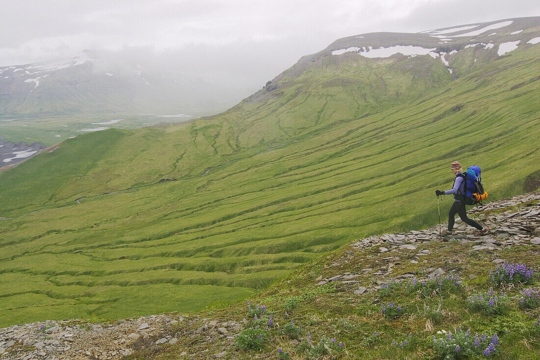 A woman hiking on Umnak Island in the Aleutian Islands, Alaska.