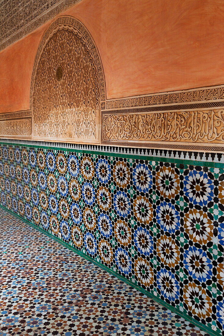 Traditional Moroccan Zallij tile work in the Ben Youssef Medersa, UNESCO World Heritage Site, Marrakech, Morocco, North Africa, Africa