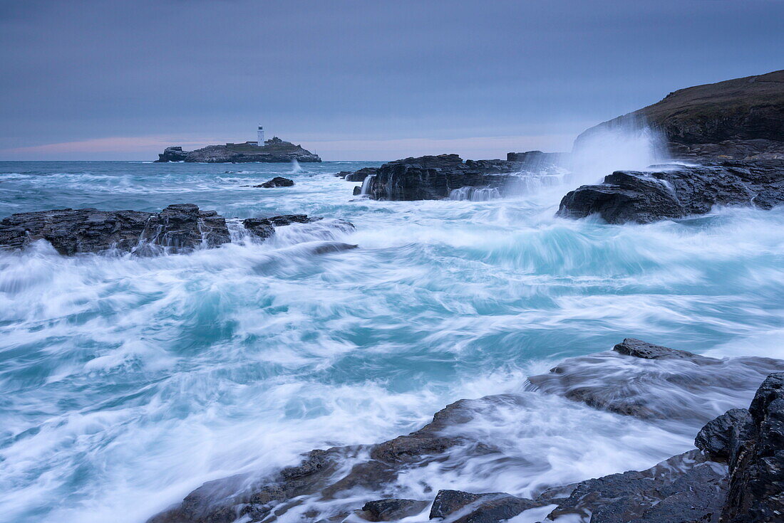 Crashing Atlantic waves in winter near Godrevy Lighthouse, Cornwall, England, United Kingdom, Europe