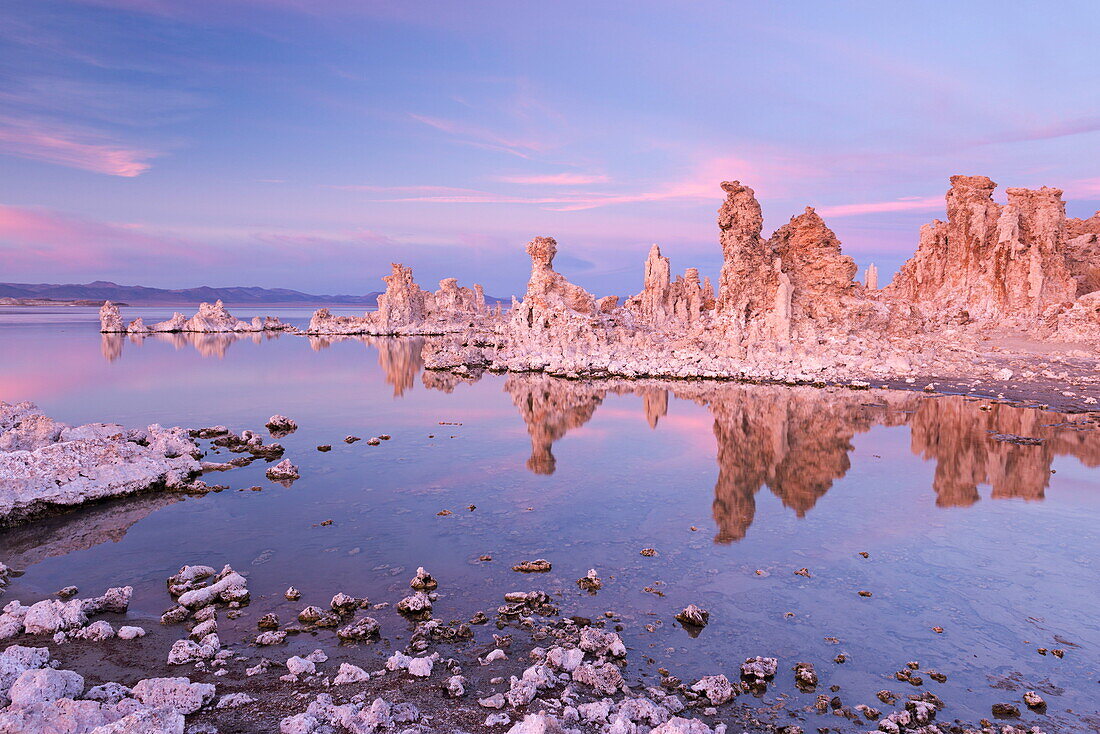 Mono Lake tufa towers at sunset in autumn, California, United States of America, North America