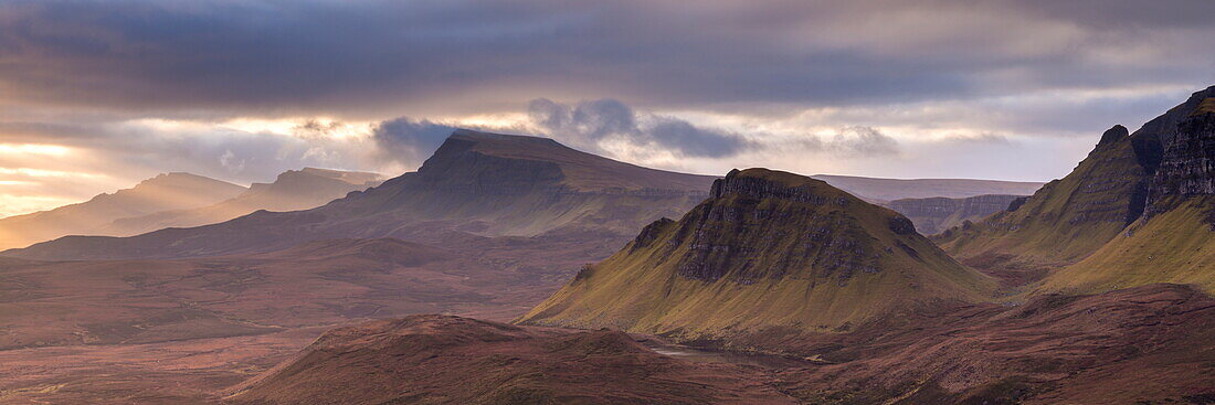 The Trotternish mountain range at dawn viewed from the Quiraing, Isle of Skye, Inner Hebrides, Scotland, United Kingdom, Europe
