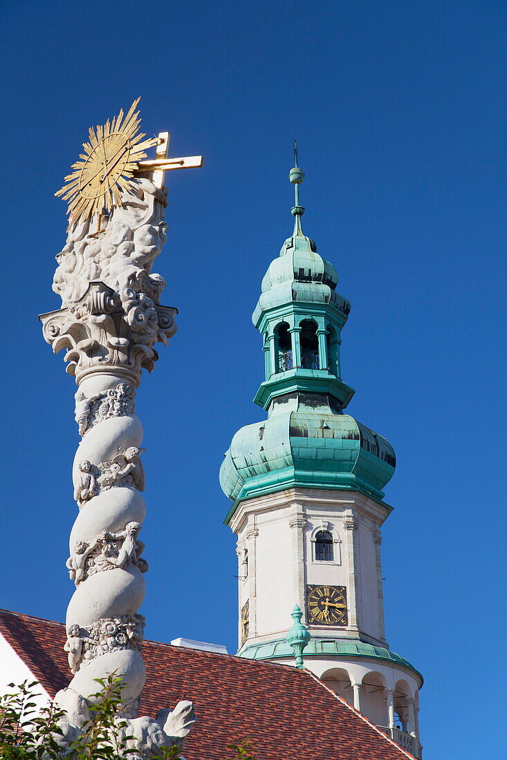 Firewatch Tower and Trinity Column in Main Square, Sopron, Western Transdanubia, Hungary, Europe